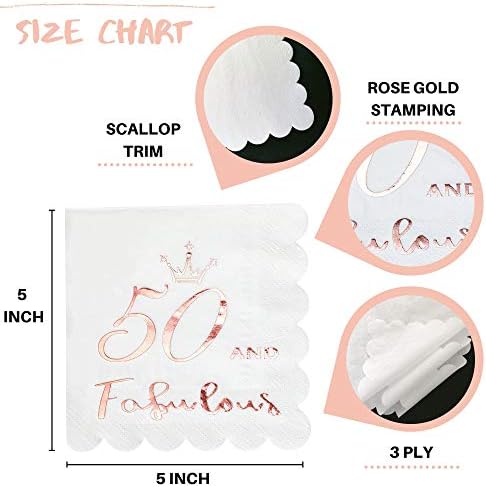 50 and Fabulous Cocktail Napkins Rose Gold - 50th Birthday Decorations for Women, Folded 5x5 Inches Disposable Party Napkins, 3-Ply Paper Beverage Napkins, 50th Birthday Napkins, Wedding Anniversary