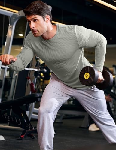 JMIERR Mens Long Sleeve Muscle T Shirts Casual Crewneck Knitted Longline Textured Tee Shirts for Gym Workout