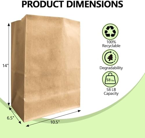 100 Pack Paper Kraft Paper Bags,58 Lbs Heavy Duty Large Grocery Brown Bag,14x10.5x6.5 Inch Bags for Storage,Take out,Shopping,Sacks