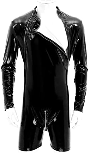 Men's Wet Look PVC Leather Bodysuit Catsuit Zipper Front Boxer Shorts Jumpsuits Clubwear