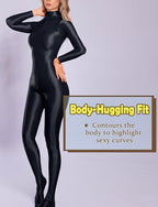 Women's Oil Shiny Glossy Sexy Full Bodysuits Long Sleeve One Piece Catsuit Satin Smooth Zipper Crotch Jumpsuit