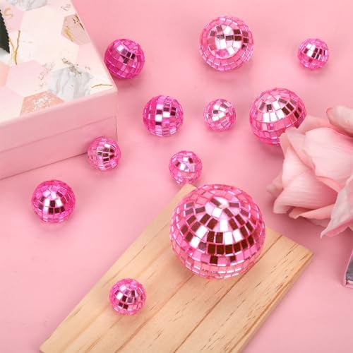 12pcs Disco Ball Cake Toppers, 4 Sizes Disco Theme Cake Toppers Disco Ball Cupcake Decorations Dessert Accessories for Birthday Cake 70s Theme Party Favor(Pink)