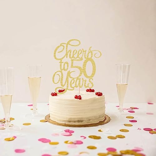 Cheers to 50 Years Cake Topper - Gold Glitter 50th Birthday Cake Decorating Supplies, Perfect for 50th Anniversary or Fifty Birthday Party, Photo Booth Props