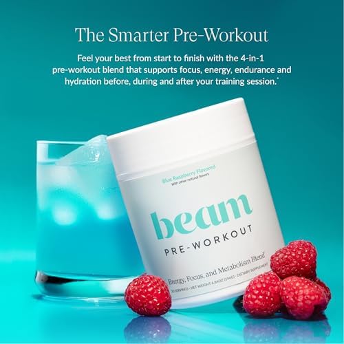 Beam Pre Workout Powder – Pre Workout Supplement with Organic Caffeine, 350 mg Electrolytes & Nootropic Focus Support, No Sugar, Pre Workout for Women & Men, Blue Raspberry Flavor, 20 Servings