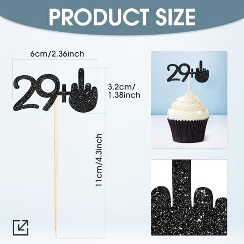 Gersoniel 24 Pieces 29 + 1 Cupcake Toppers Funny 30th Birthday Cupcake Picks Glitter Black Middle Finger Cake Toppers 30th Cupcake Decoration for Happy 30th Birthday Party Anniversary Decorations