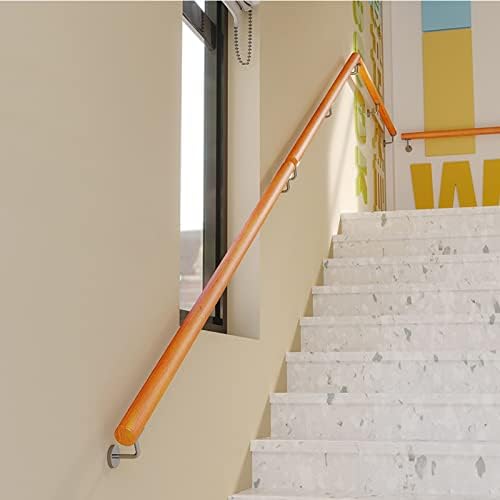 SOBS Round Wooden Handrail 1ft-20ft Complete Kit, Indoor Loft Corridor Non-Slip Stair Railings Support Rod, Home Against The Wall Stair Banister Elderly Safety Handrail with Stainless Steel Bracket