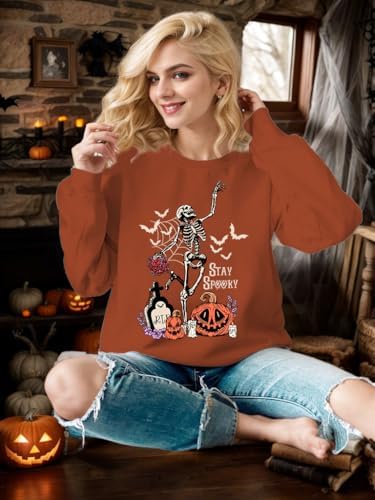 Halloween Sweatshirt for Women Oversized Dancing Skeleton Shirt Spooky Skull Graphic Pullover Pumpkin Gift Top