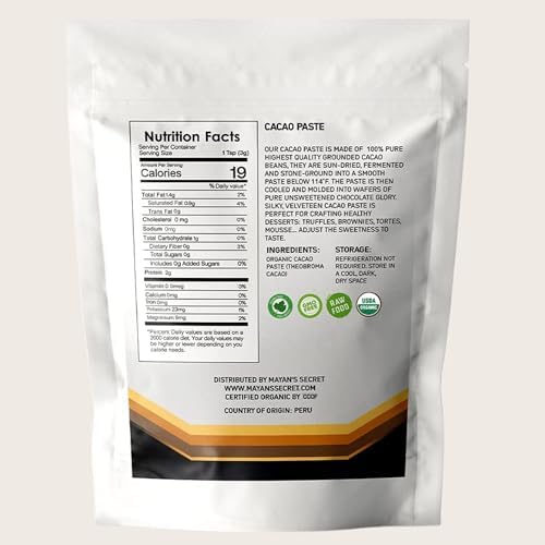 Mayan's Secret - Organic Raw Cacao Paste Wafers – USDA Certified, Non-GMO, Vegan & Gluten-Free – Easy-Melt Wafers for Chocolate Making, Baking & Beverages – Pure Stone-Ground Cacao (1 Pound (Pack of 2))