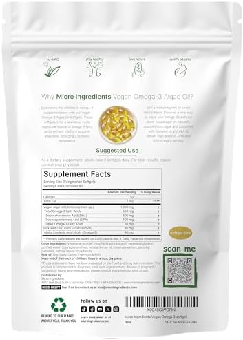 Micro Ingredients Vegan Omega 3 Algae Oil, 240 Veggie Softgels | Fish Oil Alternative | DHA 500mg & DPA 100mg | Carrageenan Free | Plant-Based Omega 3 with Flaxseed & ALA | Lemon Flavored