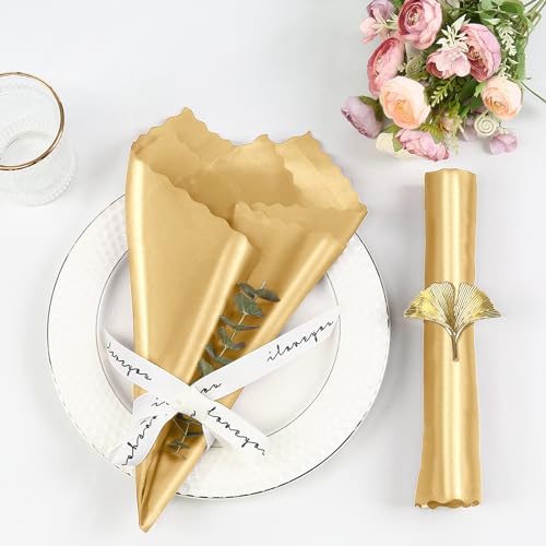 Homiest 100 Pack Gold Satin Dinner Napkins 20x20 Inches, Scalloped Square Silky Elegant Wedding Decor, Smooth Table Cloth for Restaurant Banquet Graduation Party