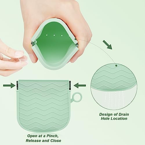 AOOWU Silicone Retainer Case with Hanging Ring Cute Retainer Holder Dental Thin Container Braces Case with Vent Holes Aligner Cleaner Brush Portable Travel Partial Denture Night Mouth Guard (Green)