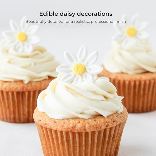 18 Count Edible Daisy Cake Decorations, Small Edible Flowers, White & Yellow Sugar Flowers, Daisy Cupcake Toppers for Cakes & Cupcakes, Edible Cake Decorations, Global Sugar Art (1 Inch)