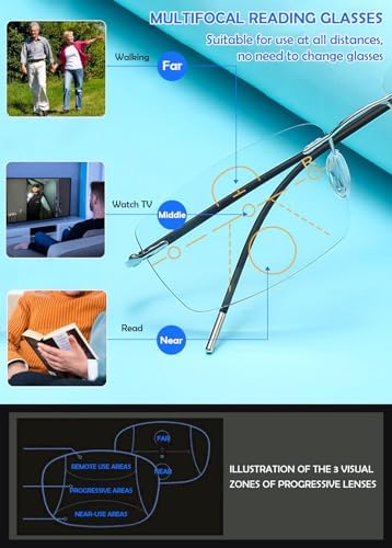 Rimless Progressive Multifocal Reading Glasses Men Women Blue Light Blocking Ultralight Metal Multifocus Readers