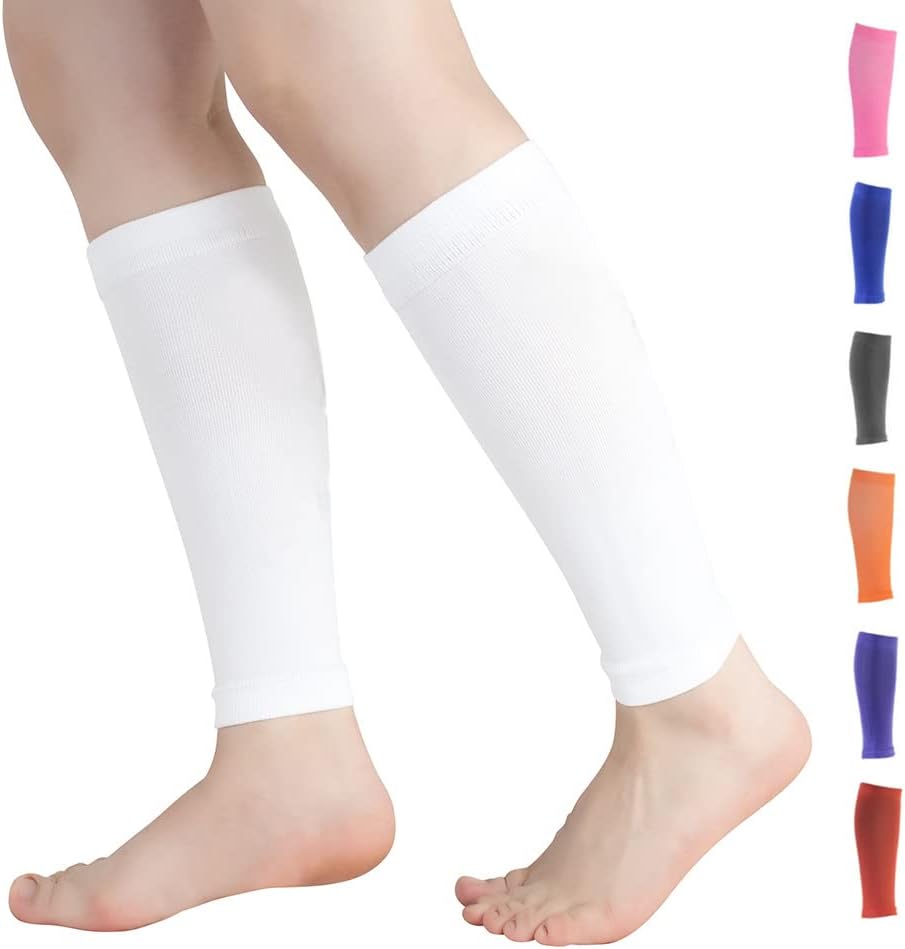Calf Compression Sleeves for Men & Women (20-30mmhg) - Leg Compression Sleeve for Running, Cycling, Shin Splints Support, Relieve Legs Pain, Travel (One Pair)(White,Medium)