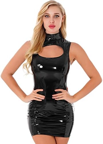 Sexy Womens Glossy Bodycon Dresses Patent Leather High Neck Sleeveless Dress Invisible Zipper Back Clubwear,Black,XXL