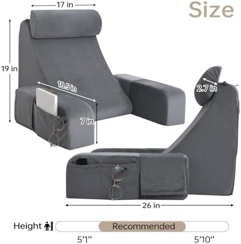 ENITYA Back Pillow for Bed Sitting Up,Reading Pillow with Armrests & Big Pockets for Adults,Upright Pillow for Resting,Watching TV,Nursing,Recovery,Gaming,Grey