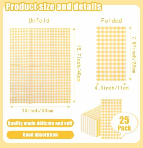 SietDESEO 25 Pieces 3-ply Yellow Gingham Napkins 13 x 15.7 Inches Guest Bathroom Napkins Disposable Hand Towels for Bathroom Wedding Birthday Party Paper Dinner Napkins