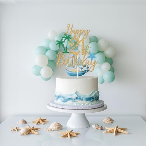 Gold Glitter Happy 21st Birthday Cake Topper, Summer Beach 21st Birthday Cake Décor, Hawaiian Aloha Weekends Party Decorations Supplies