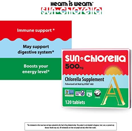 Sun Chlorella 500mg Whole Body Wellness Green Algae Superfood Supplement - Immune Defense, Gut Health, Natural Purification, Energy Boost - Chlorophyll, B12, Iron, Protein - Non-GMO - 120 Tablets
