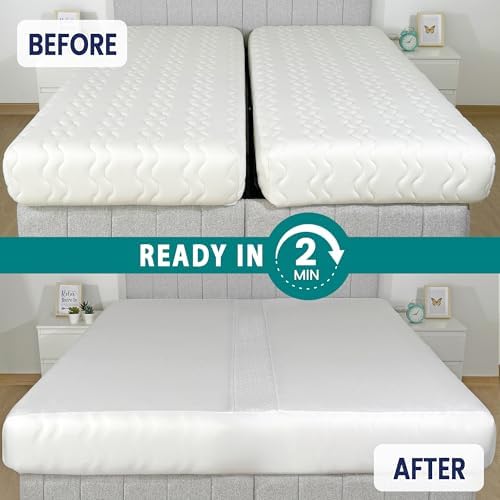 3-in-1 Fitted Sheet Attached Bed Bridge Twin (XL) to King Converter Kit with Sheet Strap Set | Split King Gap Filler for Adjustable Bed | White