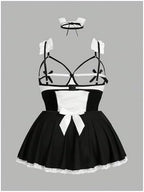 WDIRARA Women's Plus Size 5 Piece Maid Roleplay Lingerie Set Teddy Halloween Costume Hollow Lace Bow Nightdress