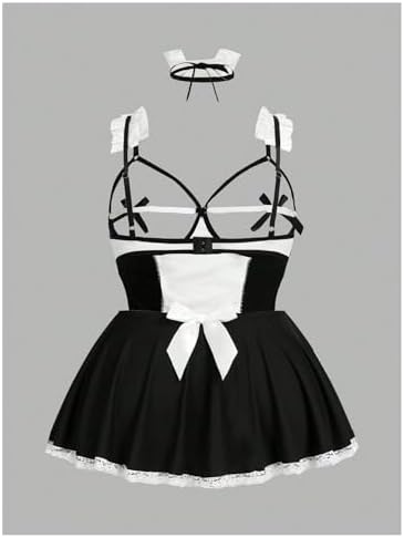 WDIRARA Women's Plus Size 5 Piece Maid Roleplay Lingerie Set Teddy Halloween Costume Hollow Lace Bow Nightdress