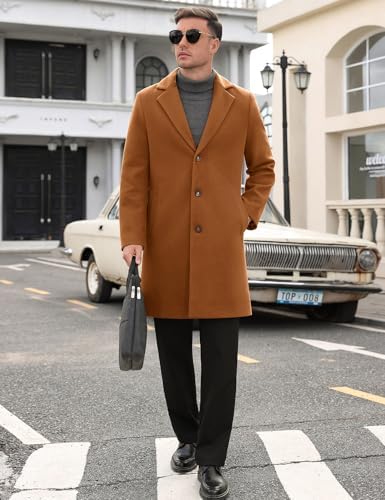 Men's Trench Coat Casual Single Breasted Long Pea Coat Notched Collar Warm Overcoat for Fall Winter with Pockets