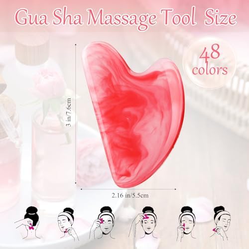 Sherr 48 Pcs Gua Sha Facial Tool Resin Gua Sha Massage Tool Heart Shaped Facial Stone Board for Face Body Skin Massage Spa Acupuncture Prevent Wrinkles (Vivid Colors)