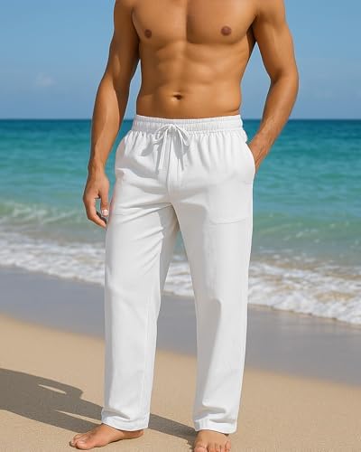 PIDOGYM Mens Cotton Linen Pants, Summer Beach Pants Casual Loose Fit with Elastic Waist Drawstring