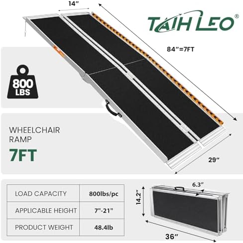 7 Feet Wheelchair Ramp, Non-Slip Aluminum Folded Handicap Ramp with Support Legs, Safer Door Threshold Wheelchair Ramps for Home, Wheel Chair Ramp for Home Steps, Stairs, Entry, Doorways