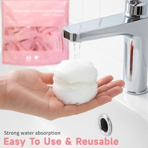 Disposable Compressed Face Towels, Ultra Soft Large Size Compressed Towel Tablets Portable Washcloth Reusable for Travel Camping Hiking Outdoor Sports Beauty Salon (30Pcs)