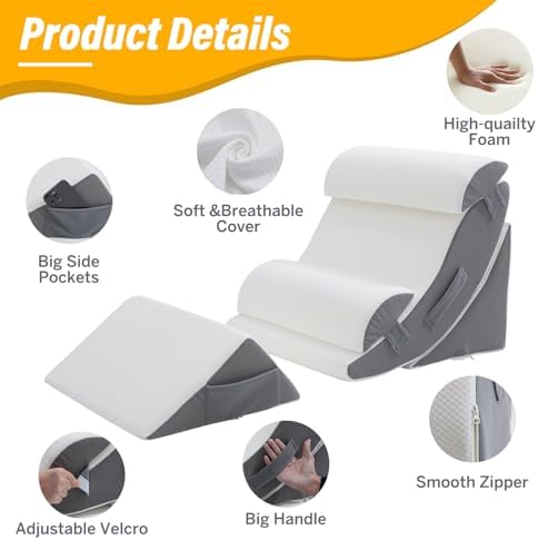 Wedge Pillow Set for After Surgery – 5PCS Orthopedic Bed Wedge Pillow Set for Sleeping, Body, Back and Leg Pain Relief Comfortable & Adjustable Support Pillows-Anti Snoring (Grey)
