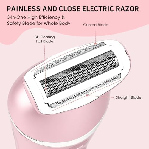Electric Shavers for Women, 7 in 1 Hair Removal Kit with Epilator Bikini Trimmer Face Razor Body Brush Face Massager Foot Callus Remover, IPX7 Waterproof Lady Razors Set for Legs Armpit Bikini Pubic