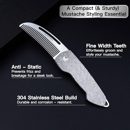 Small Folding Mustache Comb, Metal Beard Comb for men Pocket Mini Portable Fits In Keychain Anti-Static (Wood Grain)
