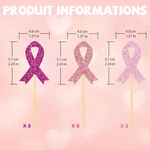 24 Pcs Glitter Pink Breast Cancer Awareness Ribbon Cupcake Toppers, Fight Hope Believe Breast Cancer Party Cupcake Picks for Cake Decoration Supplies