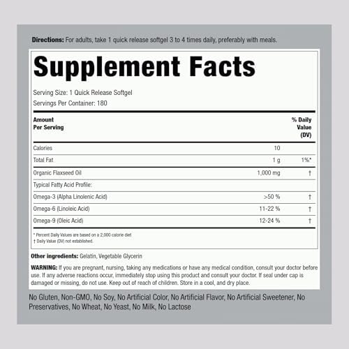 Piping Rock Flaxseed Oil 1000mg Softgel Capsules | 180 Count | Cold Pressed Supplement | Non-GMO, Gluten Free