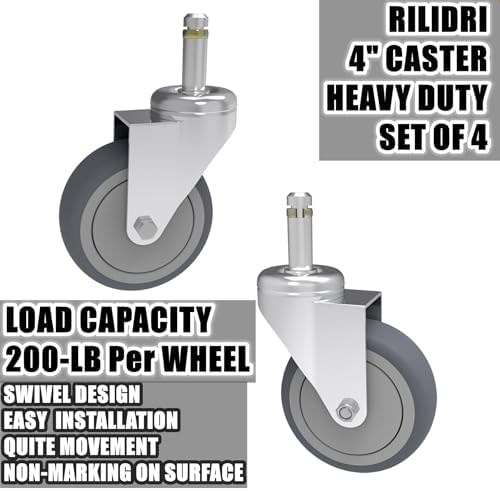 4-Inch Swivel Stem Caster, 7/16-Inch Stem Diameter Rubber Wheel, Heavy Duty TPR Replacement Wheels for Rubbermaid Mop Bucket Cart Grill Casters - 4 Pack