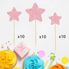30 Pcs Star Cupcake Toppers, Mixed Size Glitter Starlet Cake Decorations for Various Birthday Party Cake Decoration Supplies - Pink
