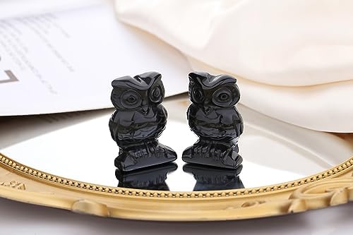 QINJIEJIE 2" Black Obsidian Owl Decor Crystals Stone Figurines Gemstone Statue Sculpture Decorations Office Desk Room Home Luck Spiritual Gift for Men Women