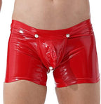 Hedmy Men's Latex PVC Faux Leather Short Pants Solid Buckled Open Crotch Boxer Shorts Hot Pants