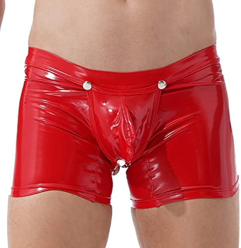 Hedmy Men's Latex PVC Faux Leather Short Pants Solid Buckled Open Crotch Boxer Shorts Hot Pants