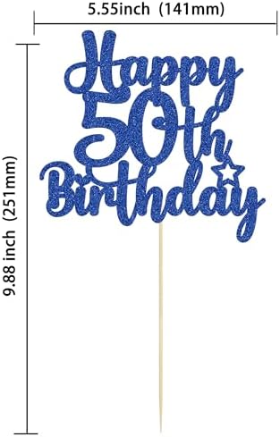 Gyufise 1Pc Happy 50th Birthday Cake Topper Glitter 50 & Fabulous Cheers to 50 Years Old 50th Birthday Cake Pick for Celebrating 50th Birthday Anniversary Party Cake Decorations Blue