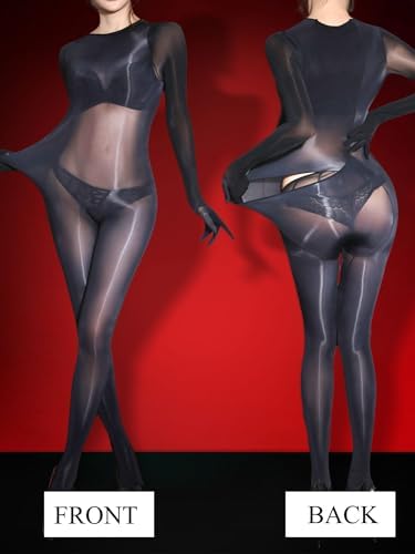 HTRUIYA Full Body Stockings for Women Sheer Oil Shiny Back Open Bodystockings Sexy Lingerie Catsuit Nylon Tights