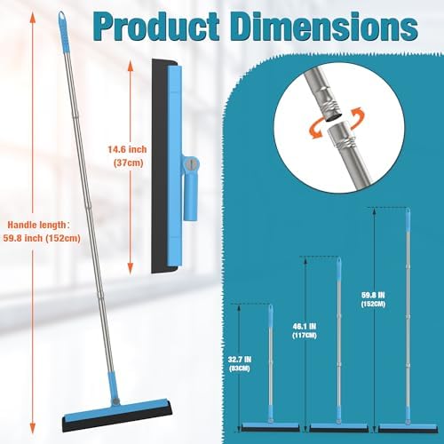 KOLLIEE Floor Squeegee Adjustable 59'' Long Handle Professional Floor Squeegee with Hook Water Squeegee Foam Blade for Concrete Floor Tile Pet Hair Floor Wiper