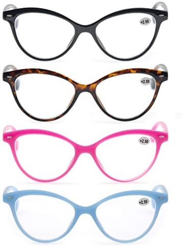 MODFANS Women Reading Glasses 2.5 4 Pack Fashion Colors Cat Eye Readers for Ladies Compact Spring Hinge Lightweight Frame Includes Pocket
