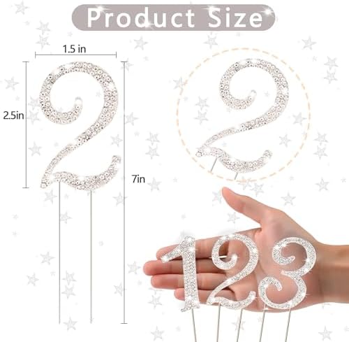 BEIDHIA Number Cake Topper 0-9,Silver Bling Rhinestone Happy Birthday Cake Topper for 2nd 12th 21st 30th 40th 60th 70th Birthday Party Anniversary Wedding Cake Decorations
