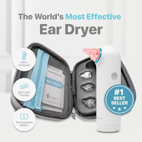 Ear Dryer + Case | USA | 1 Year Warranty | Rechargable Ear Water Drying Aid with Red Light Therapy Delivers Gentle Warm Air to the Ear to Combat Annoying Swimmers Ear Infections as a Ear Fluid Remover