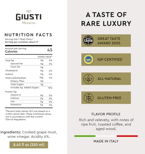 Giusti Balsamic Vinegar of Modena IGP – Extra Thick & Rich Aceto Balsamico di Modena, Matured in Traditional Aging Casks - 4 Gold Medals, Made in Italy, In Gift Box - 8.45 fl oz (250 ml) -Pack of 1