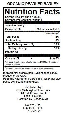 Pearled Barley 5 Pounds Pearl, USDA Certified Organic, Non-GMO Bulk, Product of USA, Mulberry Lane Farms