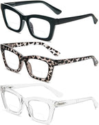 REAVEE 3 Pack Bifocal Oprah Style Reading Glasses for Women, Blue Light Blocking Stylish Thick Frame Readers Spring Hinges
